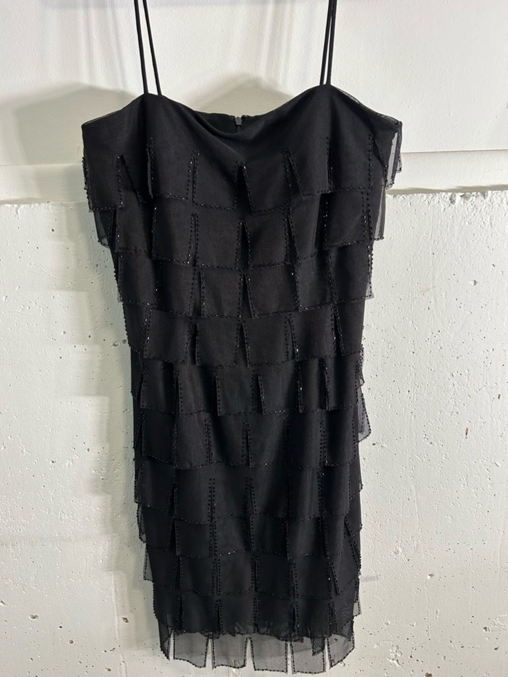 JS Collections Black Tiered Beaded Spaghetti-Strap Mini Dress